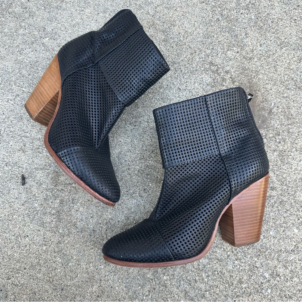 rag & bone Black Perforated Ankle Booties with Chunky Wood Block Heel